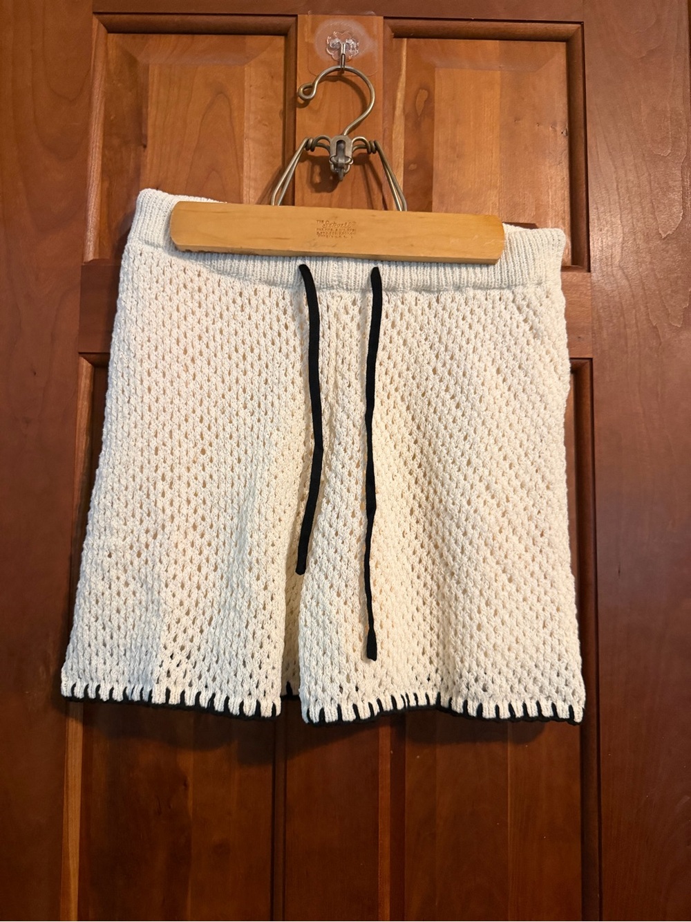 Cream Knit Crochet Shorts with Black Drawstring